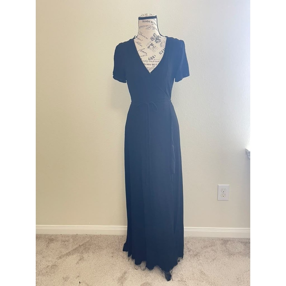 Lulus Black Rayon Wrap Maxi Dress Short Sleeve V-Neck Size S
